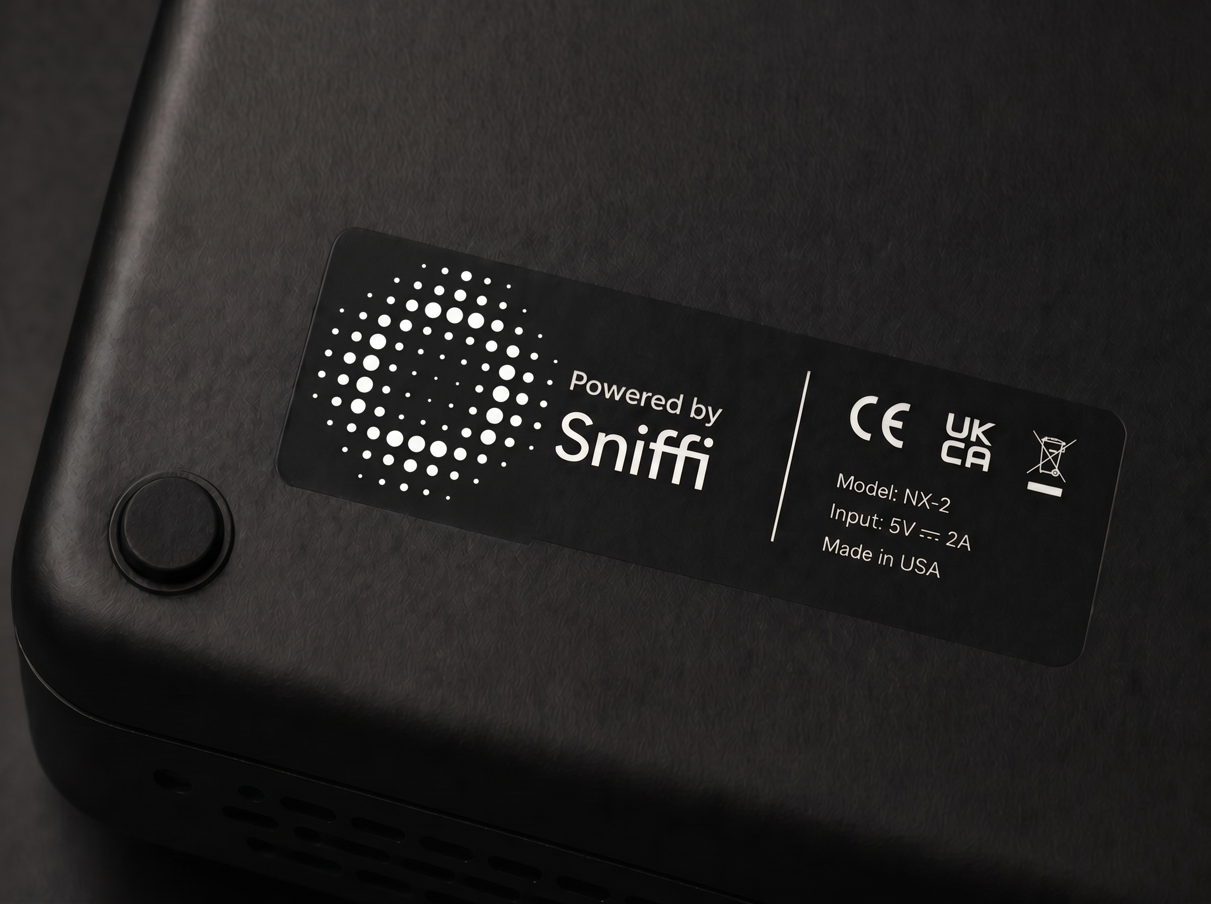 Powered by Sniffi mark on a product label, alongside CE, UKCA, and Made in USA regulatory marks